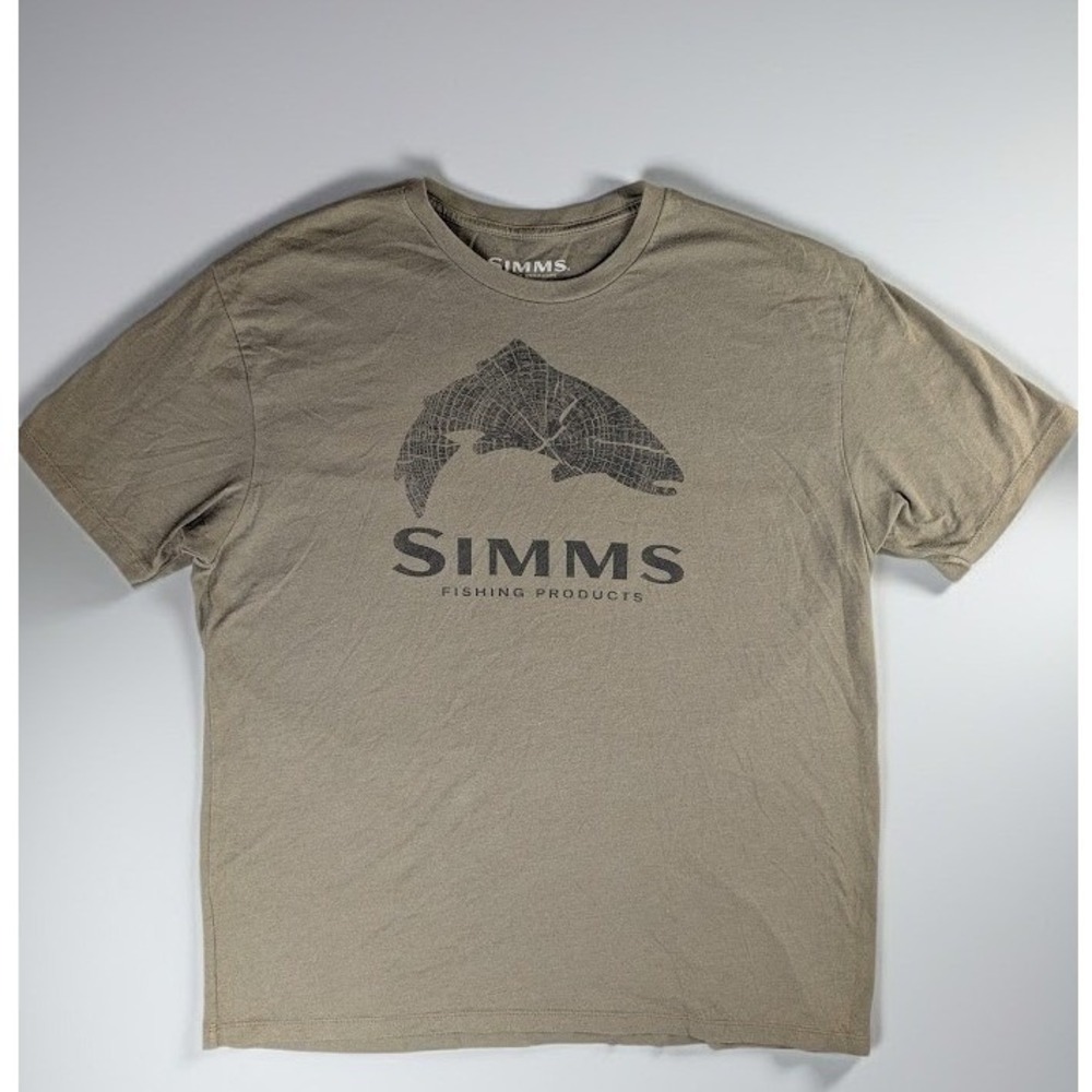 Simms Fishing Trout Graphic T-Shirt Men's Large Olive Tan Short Sleeve Outdoors